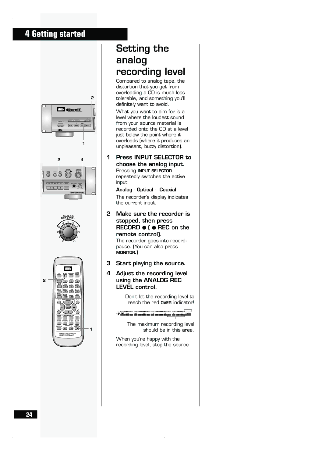 HHB comm CDR 830 manuel dutilisation Setting the analog recording level, Press Input Selector to choose the analog input 