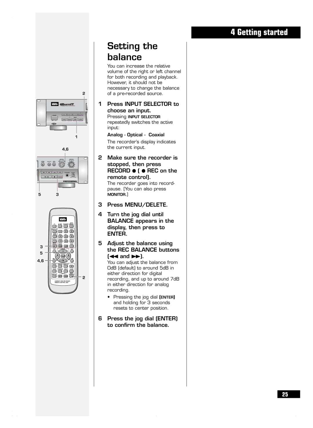 HHB comm CDR 830 manuel dutilisation Setting the balance, Enter, Adjust the balance using the REC Balance buttons 