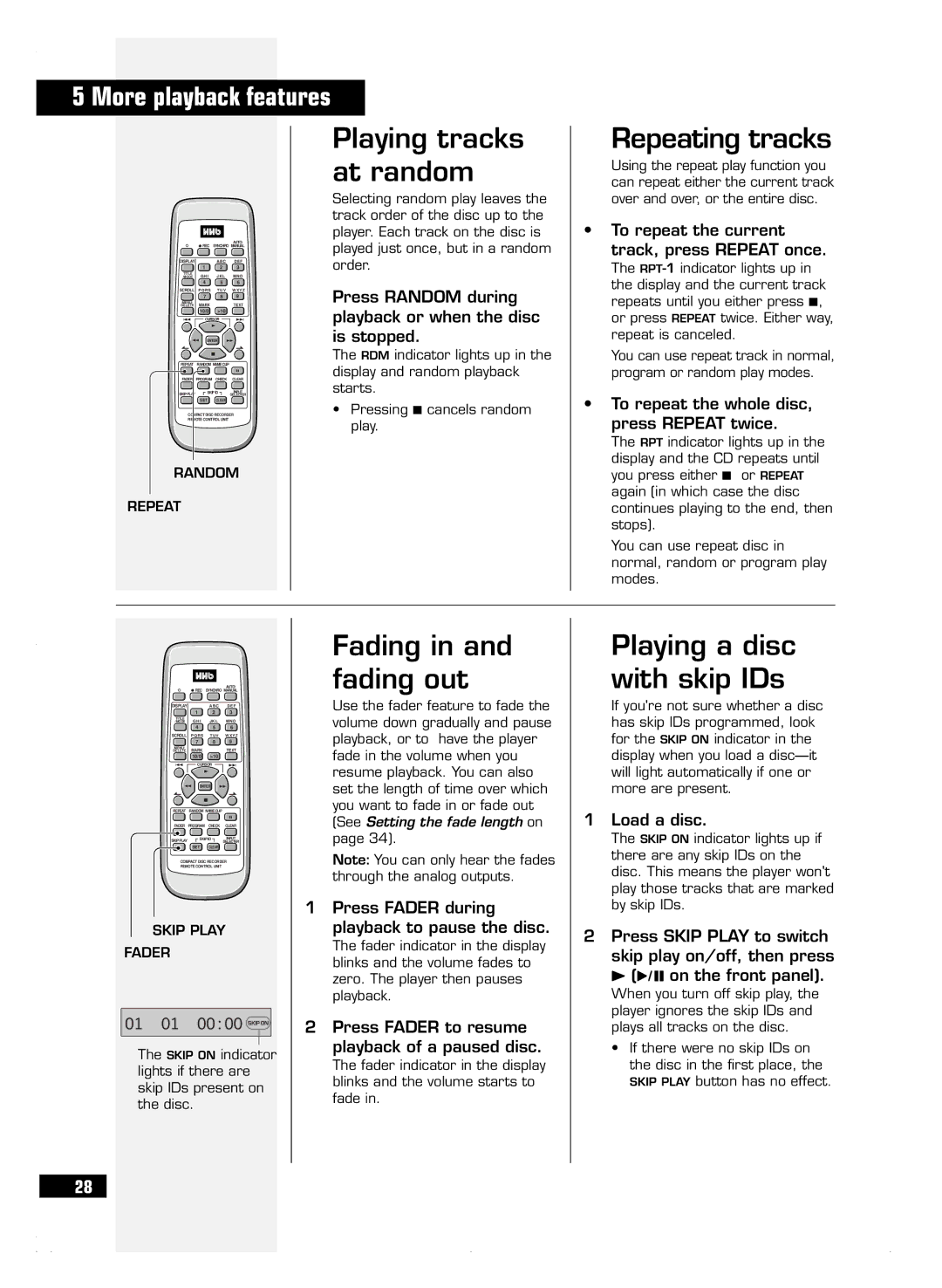 HHB comm CDR 830 Playing tracks at random, Repeating tracks, Fading in and fading out, Playing a disc with skip IDs 