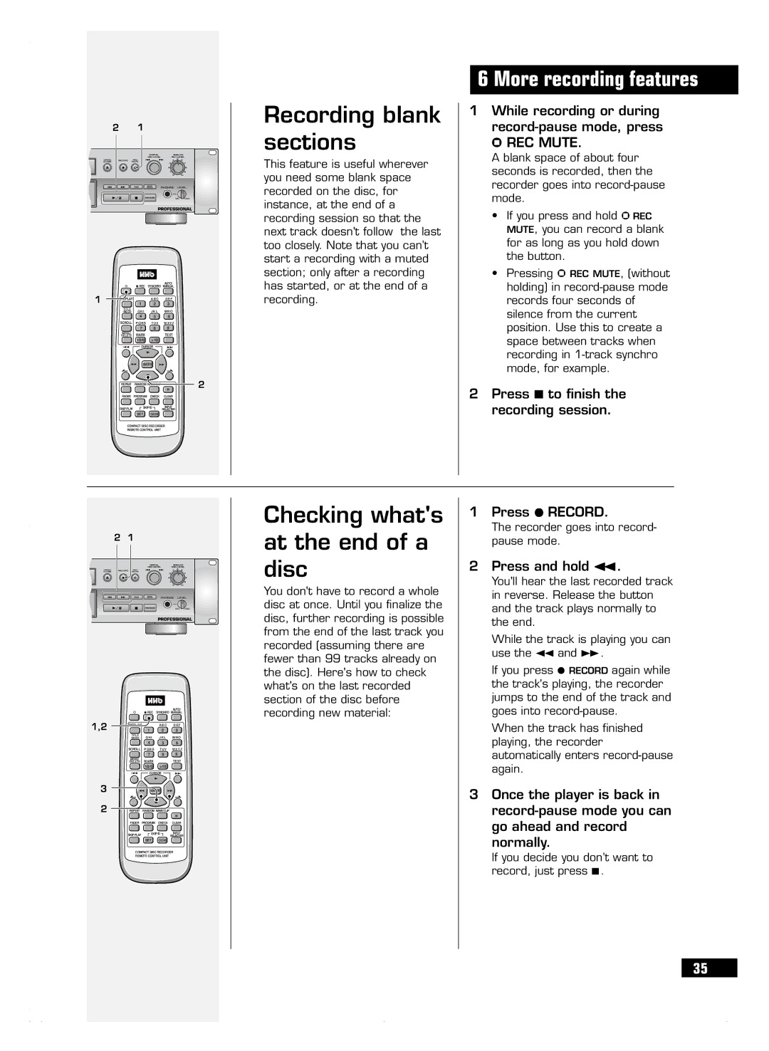 HHB comm CDR 830 manuel dutilisation Recording blank sections, Checking whats at the end of a disc, ¥ REC Mute 