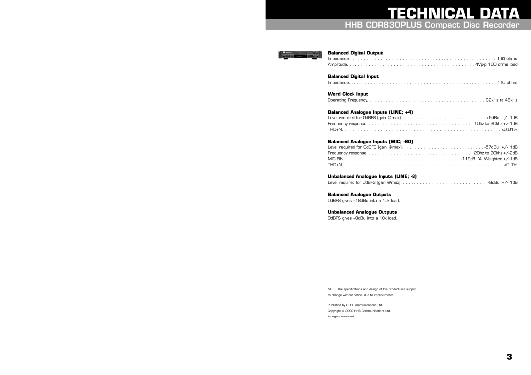 HHB comm CDR 830 manuel dutilisation Technical Data 