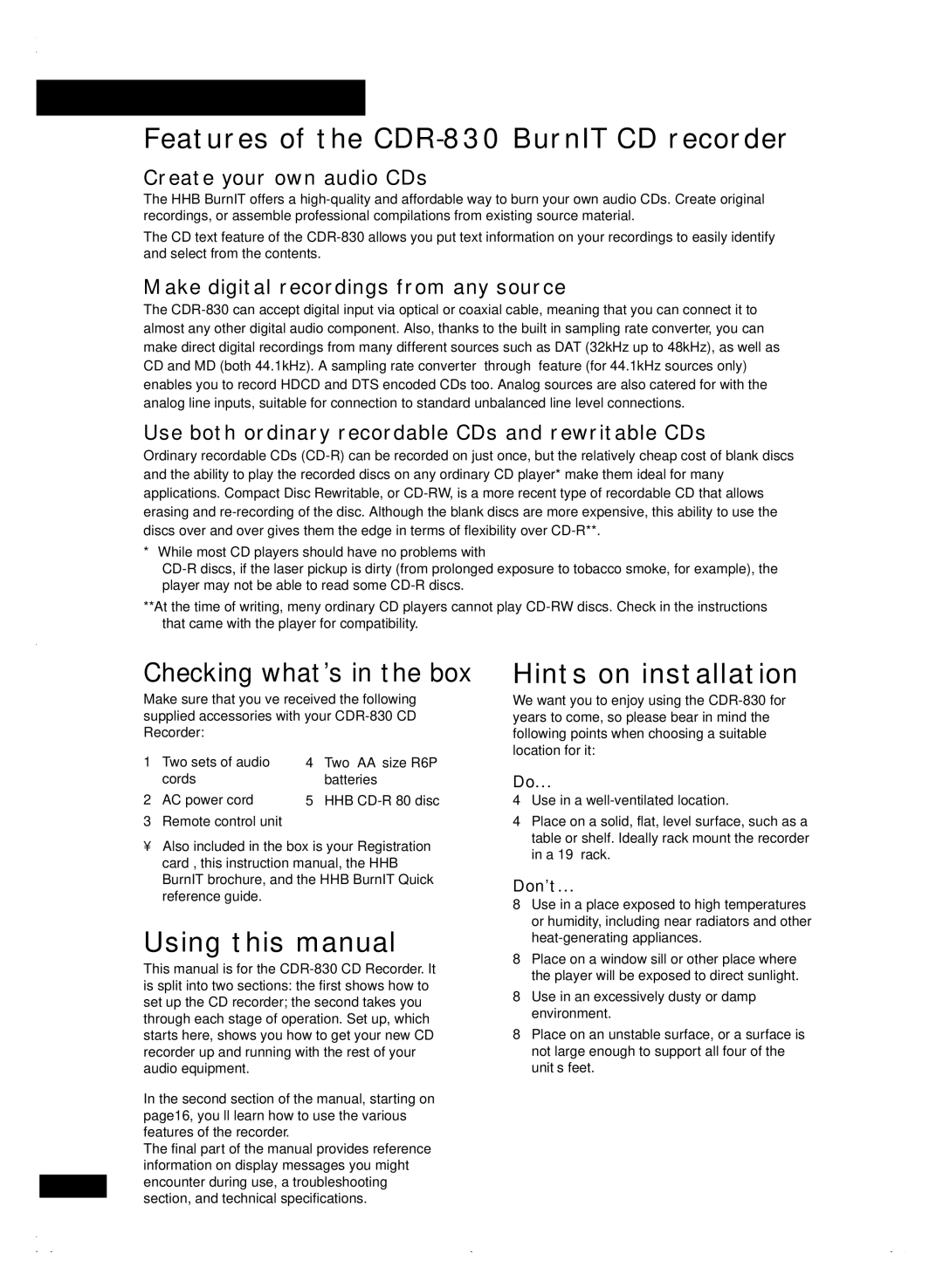 HHB comm CDR 830 manuel dutilisation Features of the CDR-830 BurnIT CD recorder, Using this manual, Hints on installation 