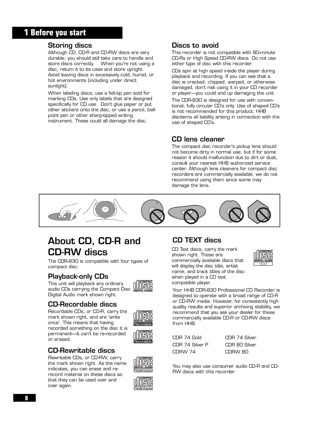 HHB comm CDR 830 manuel dutilisation About CD, CD-R and CD-RW discs 