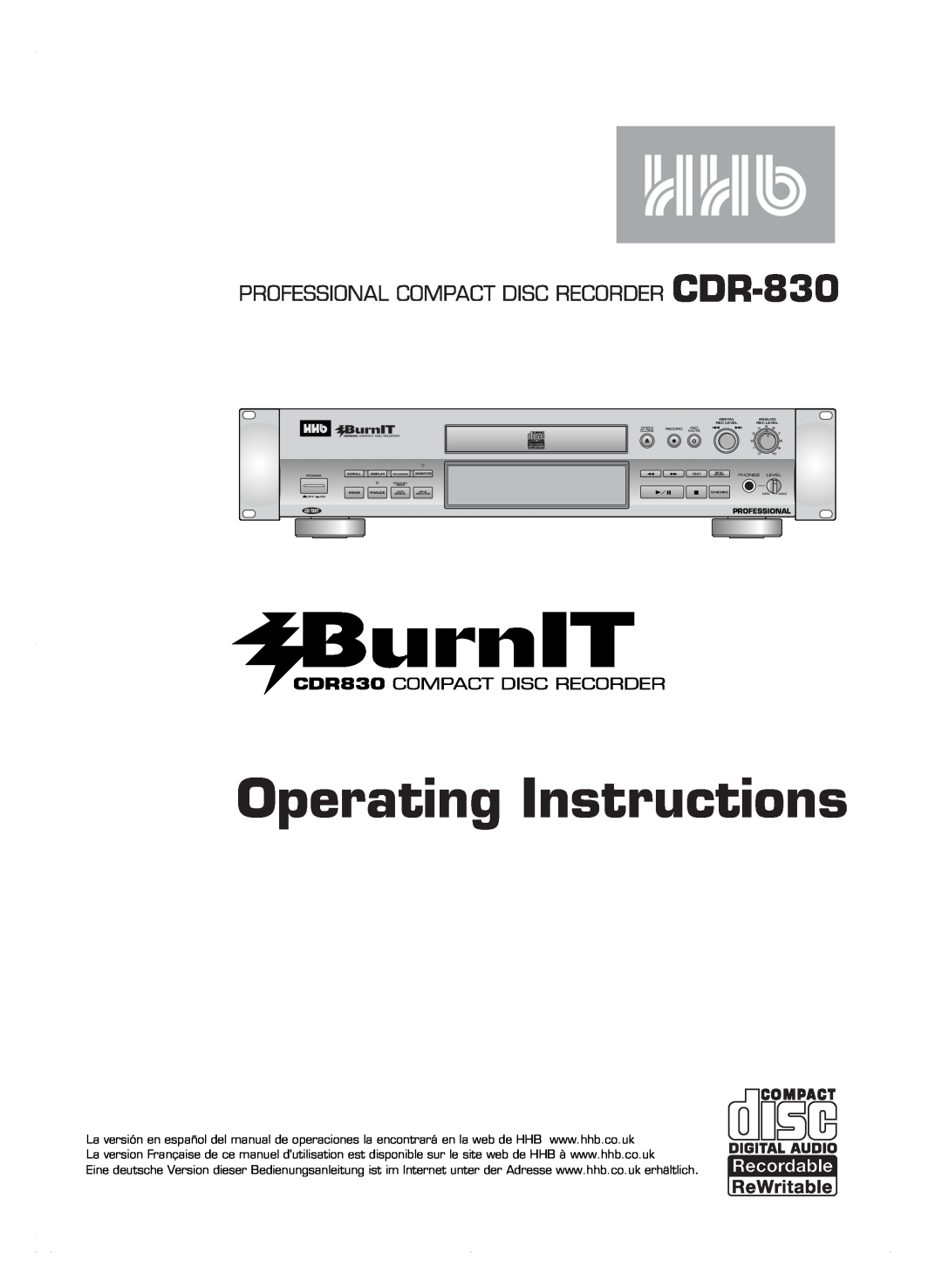 HHB comm CDR 830 manuel dutilisation Operating Instructions, CDR-830 