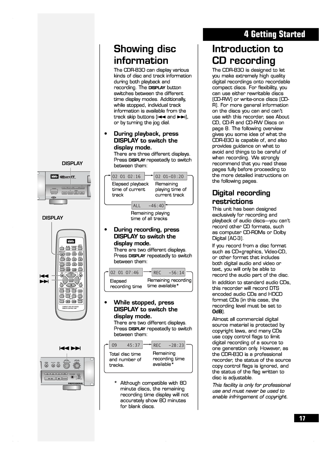 HHB comm CDR 830 Showing disc information, Introduction to CD recording, Digital recording restrictions, display mode 