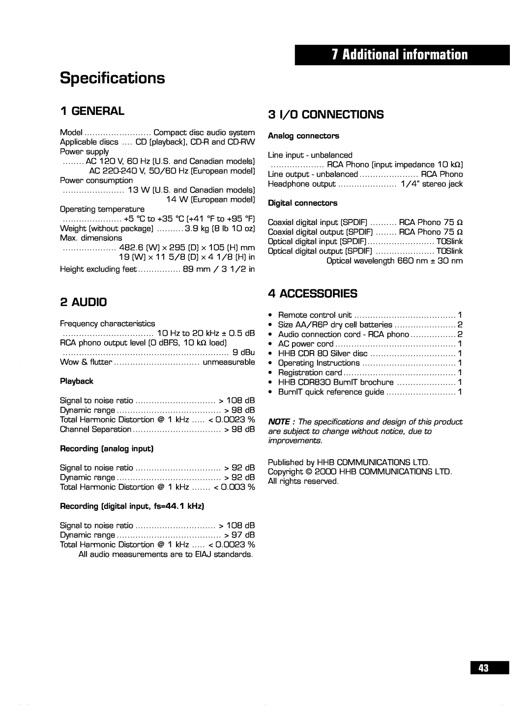 HHB comm CDR 830 manuel dutilisation Specifications, General, 3 I/O CONNECTIONS, Audio, Accessories, Additional information 