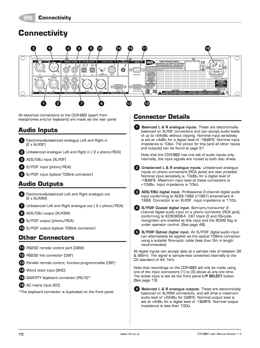 HHB comm CDR-882 user manual Connectivity, Audio Inputs, Audio Outputs, Other Connectors, Connector Details 