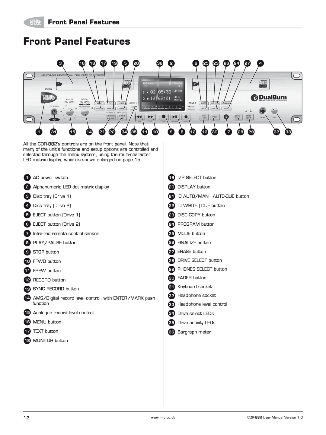 HHB comm CDR-882 user manual Front Panel Features 