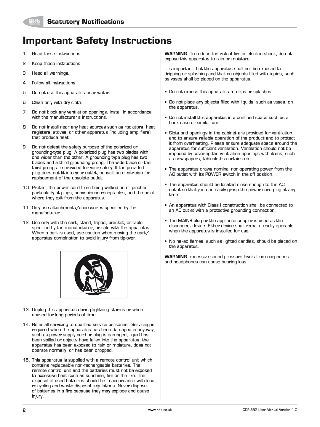 HHB comm CDR-882 user manual Important Safety Instructions, Statutory Notifications 