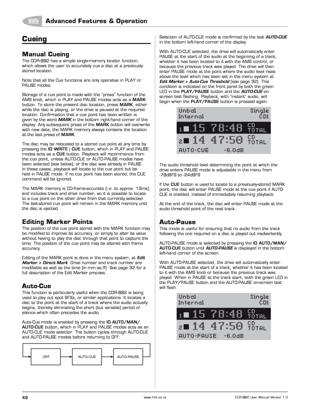 HHB comm CDR-882 user manual Manual Cueing, Editing Marker Points, Auto-Pause, Auto-Cue, Advanced Features & Operation 
