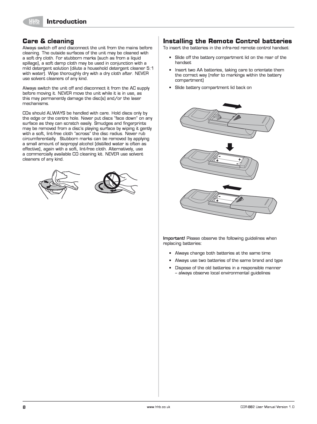 HHB comm CDR-882 user manual Care & cleaning, Installing the Remote Control batteries, Introduction 