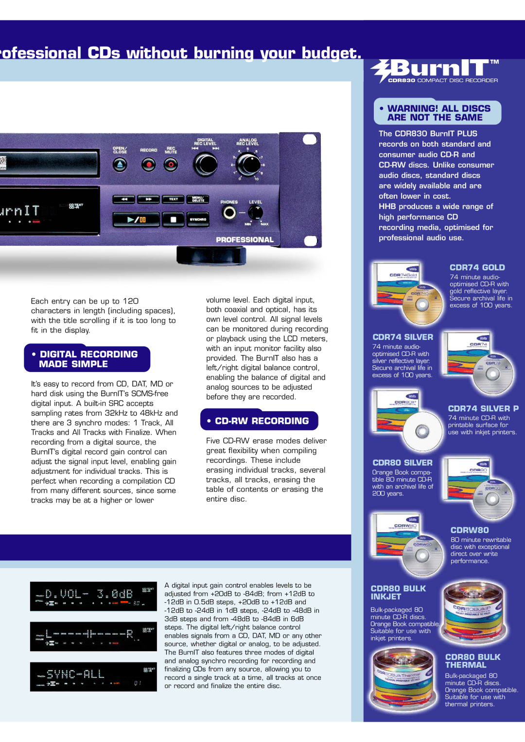 HHB comm CDR830PLUS brochure Rofessional CDs without burning your budget, Digital Recording Made Simple, CD-RW Recording 