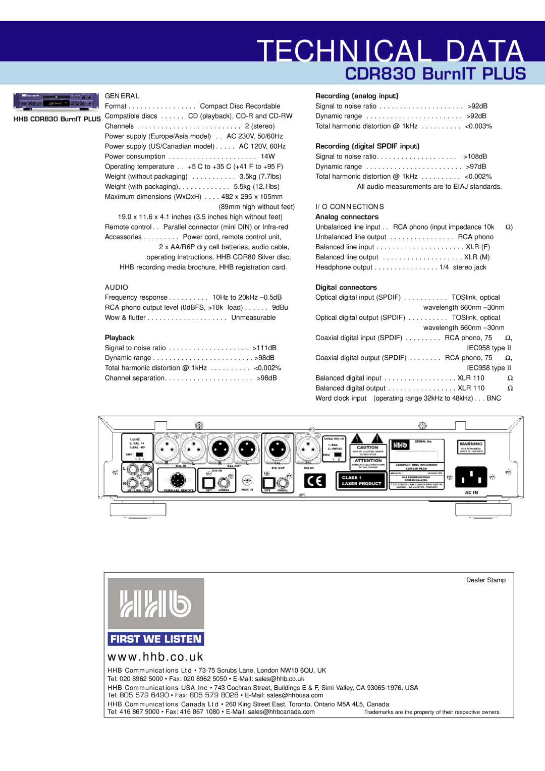 HHB comm CDR830PLUS brochure Technical Data 