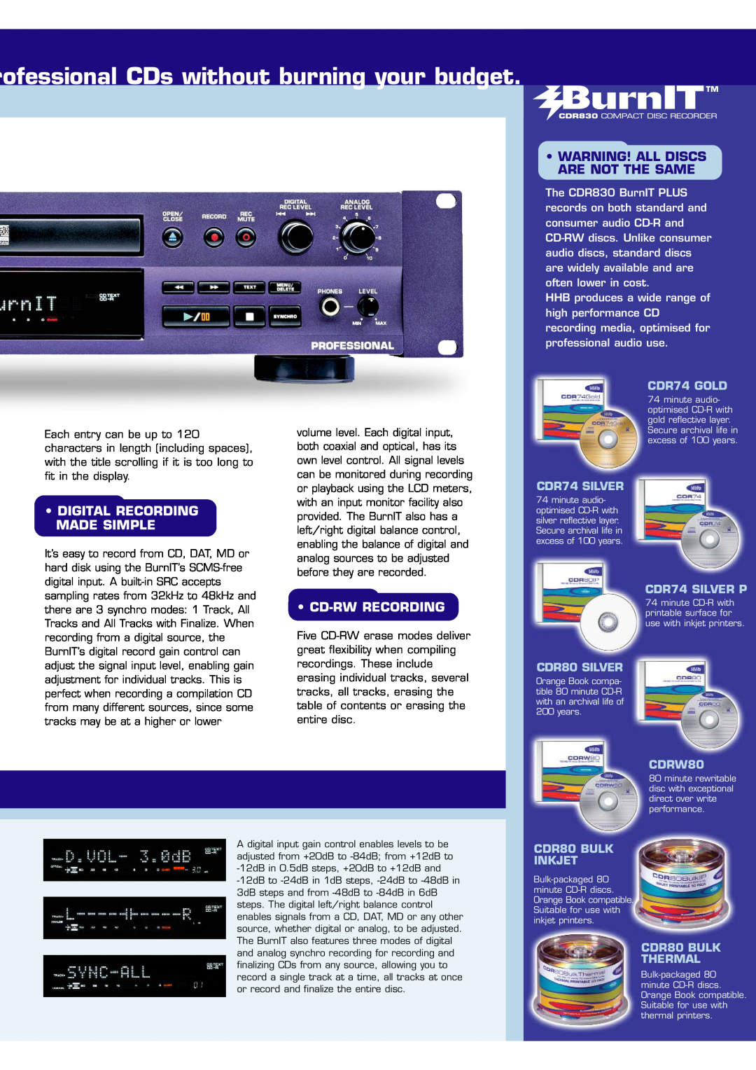 HHB comm CDR830PLUS rofessional CDs without burning your budget, Digital Recording Made Simple, Cd-Rwrecording, CDR74 GOLD 