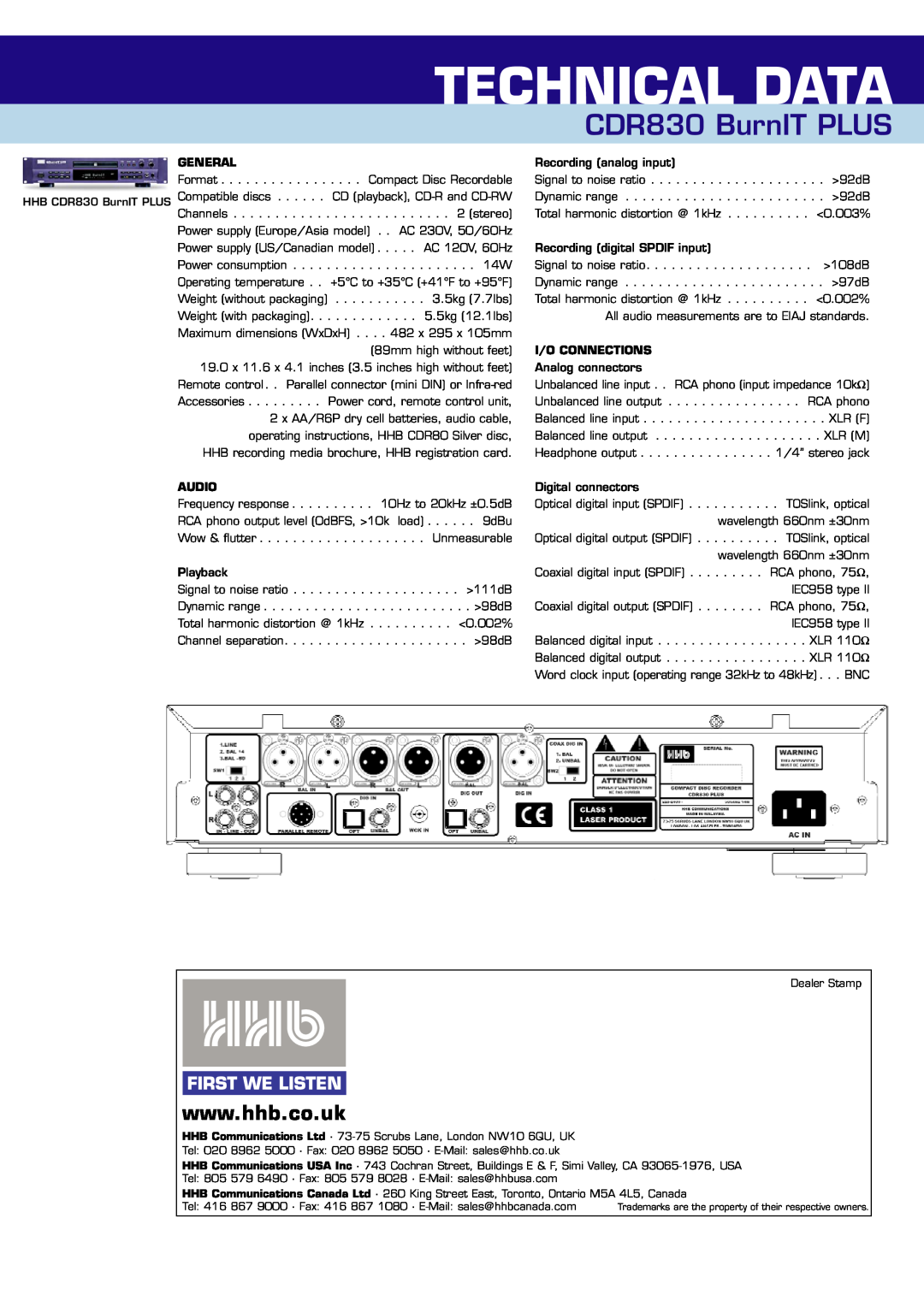 HHB comm CDR830PLUS brochure Technical Data, CDR830 BurnIT PLUS, General, I/O Connections, Audio 