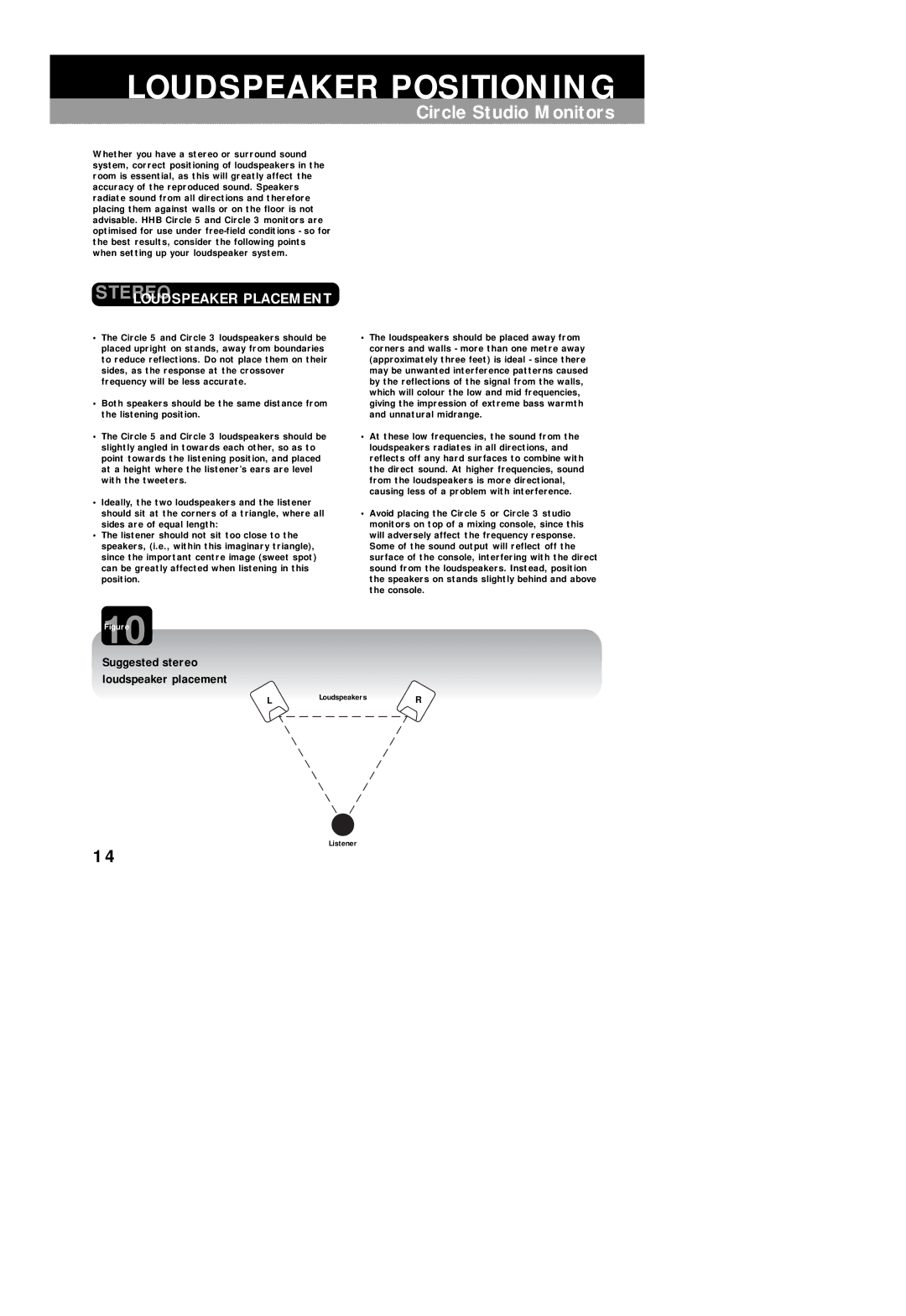 HHB comm CIRCLE STUDIO MONITORS operating instructions Loudspeaker Positioning, Suggested stereo Loudspeaker placement 