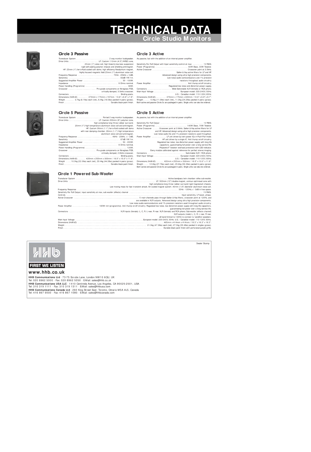 HHB comm CIRCLE STUDIO MONITORS operating instructions Technical Data 