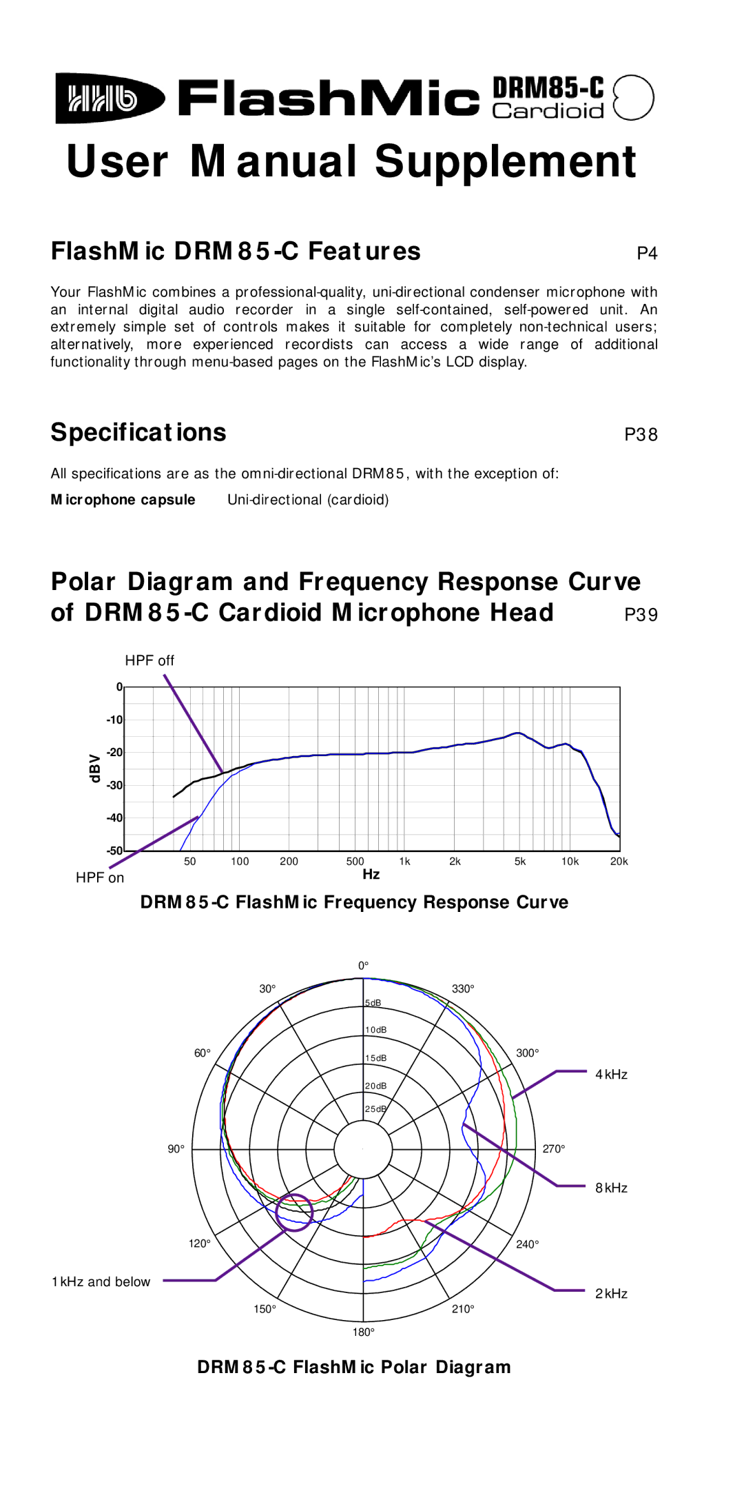 HHB comm user manual FlashMic DRM85-C Features, Specifications, P38 