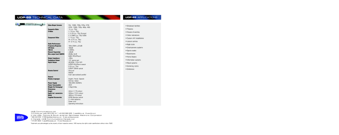 HHB comm specifications UDP-89 Technical Data 