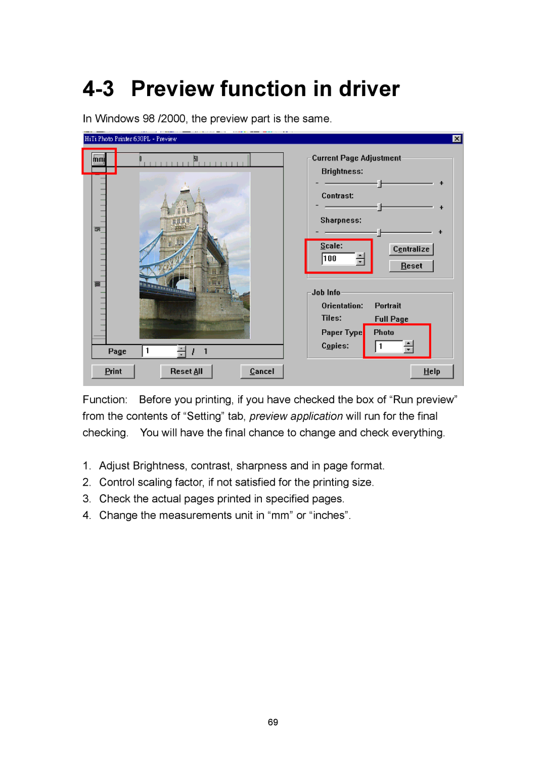 Hi-Touch Imaging Technologies 630PL user manual Preview function in driver 