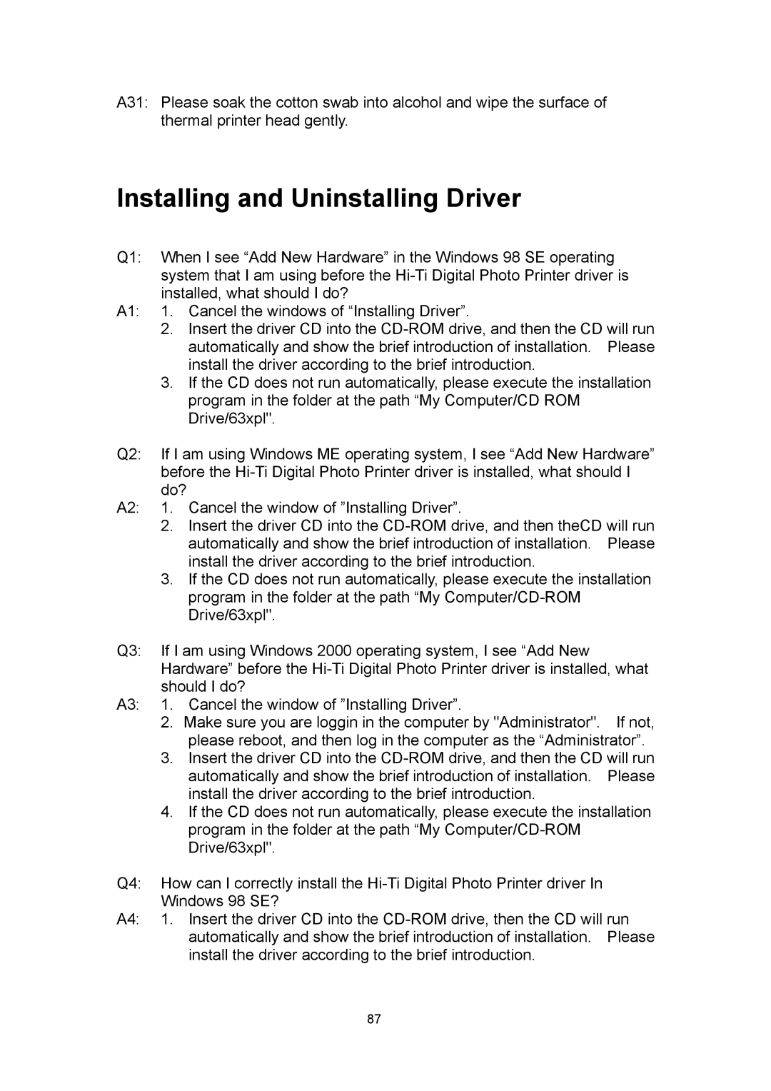 Hi-Touch Imaging Technologies 630PL user manual Installing and Uninstalling Driver 