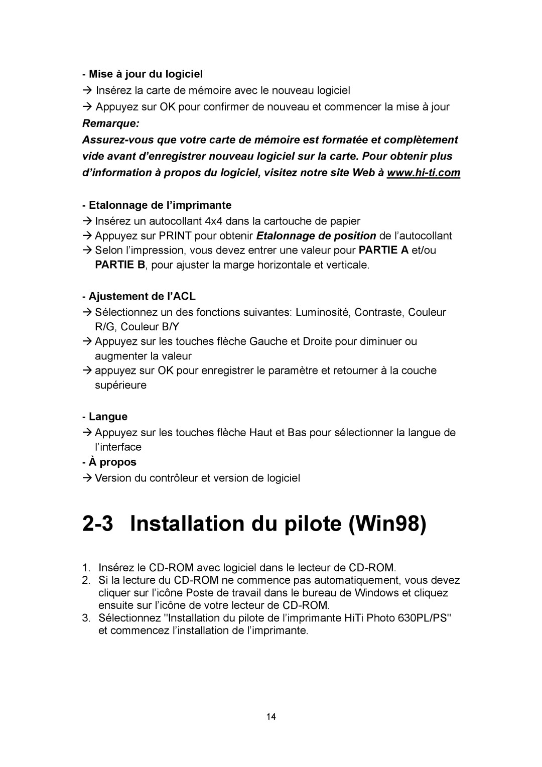 Hi-Touch Imaging Technologies 630PL/PS manual Installation du pilote Win98 