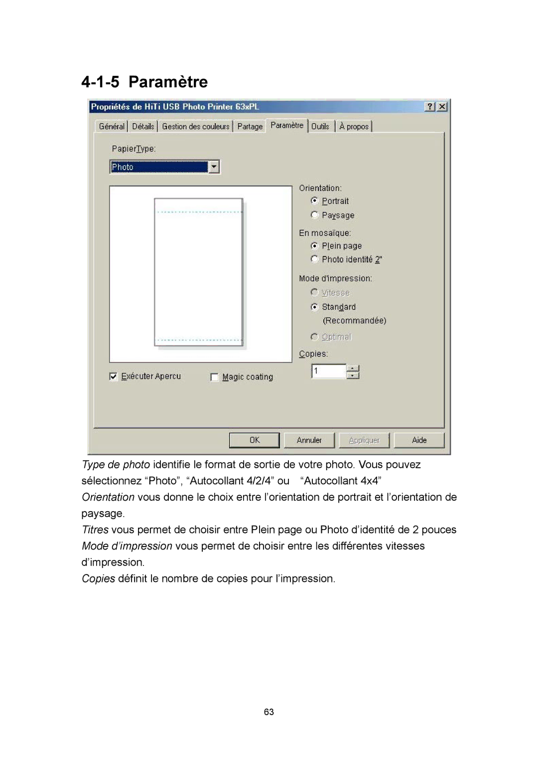 Hi-Touch Imaging Technologies 630PL/PS manual Paramètre 