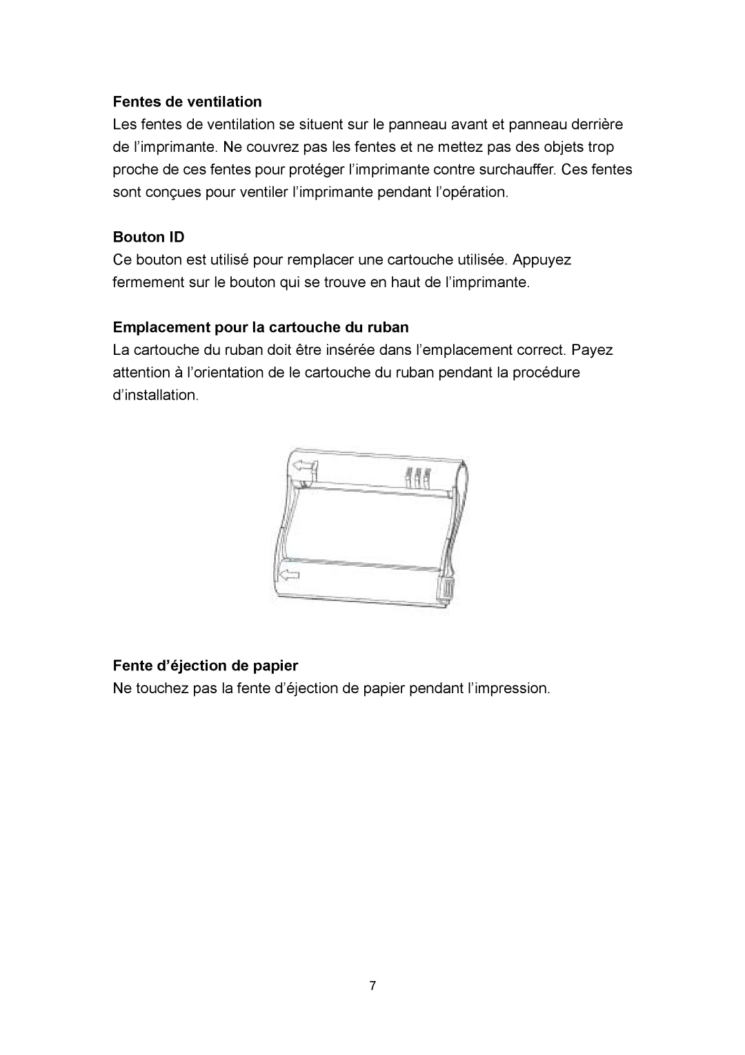 Hi-Touch Imaging Technologies 630PL/PS manual Fentes de ventilation, Bouton ID, Emplacement pour la cartouche du ruban 