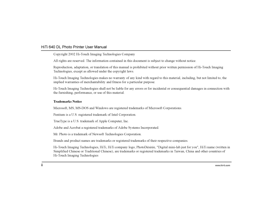 Hi-Touch Imaging Technologies 640DL manual Trademarks Notice 