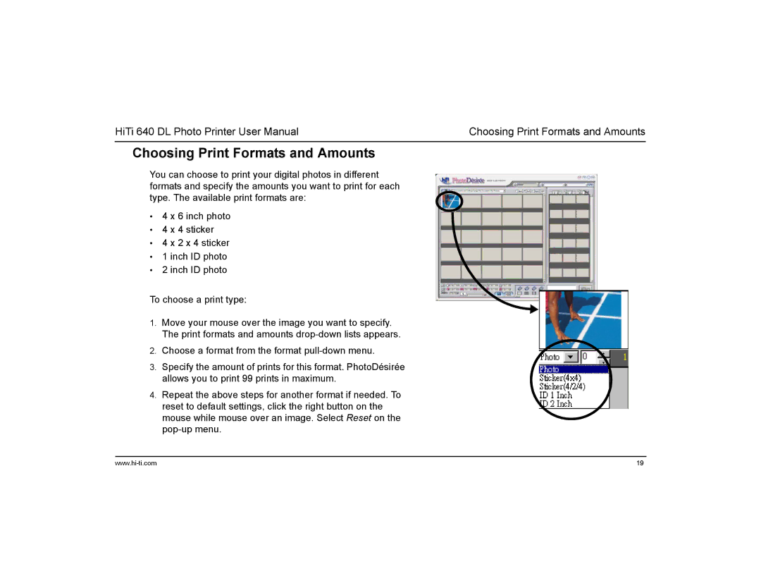 Hi-Touch Imaging Technologies 640DL manual Choosing Print Formats and Amounts 