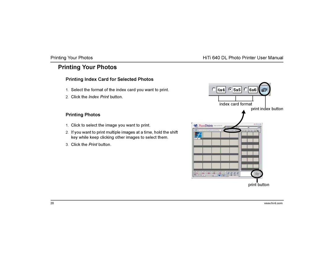 Hi-Touch Imaging Technologies 640DL manual Printing Your Photos, Printing Index Card for Selected Photos, Printing Photos 