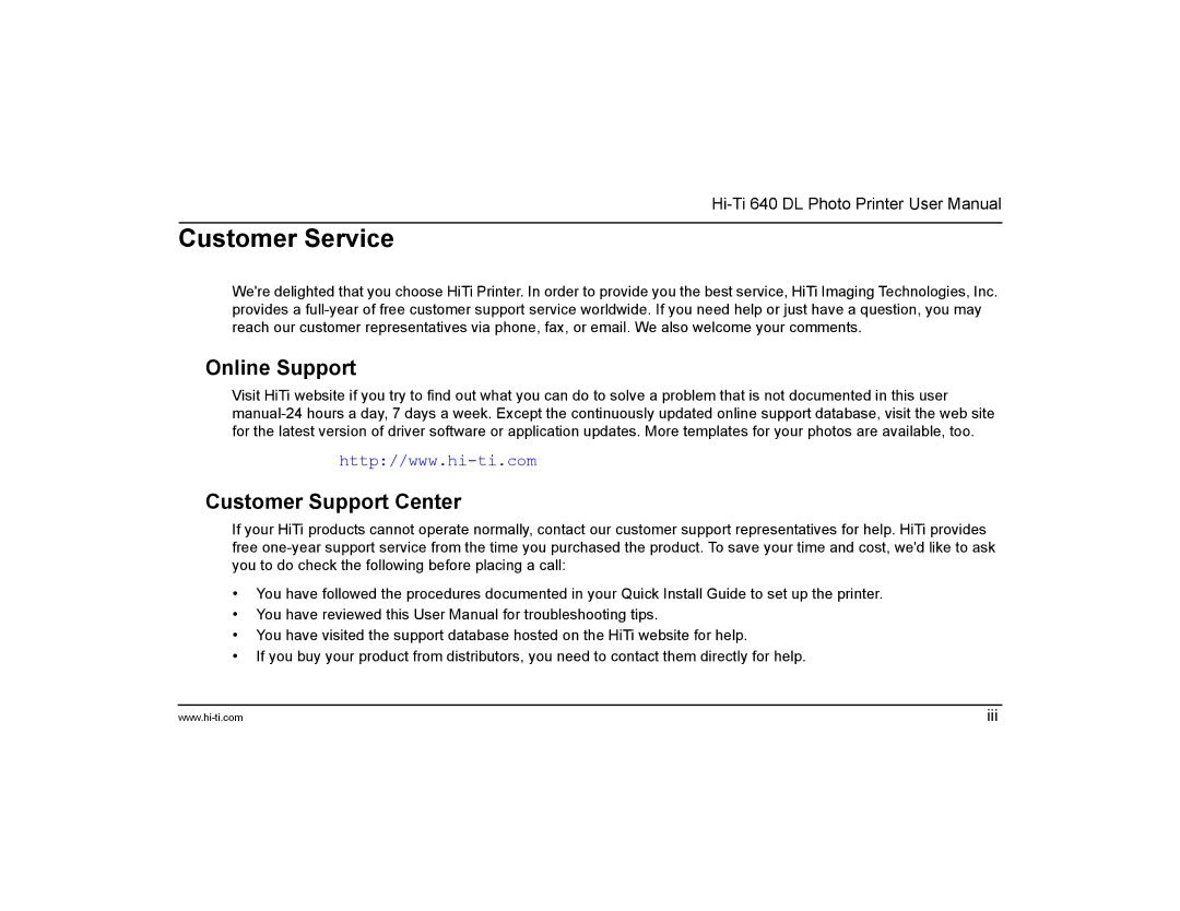 Hi-Touch Imaging Technologies 640DL manual Customer Service, Online Support Customer Support Center 