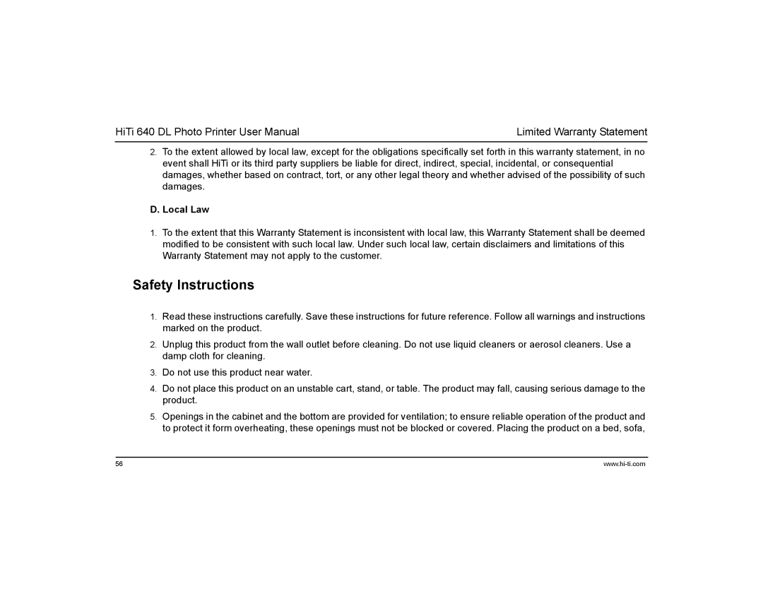 Hi-Touch Imaging Technologies 640DL manual Safety Instructions, Local Law 