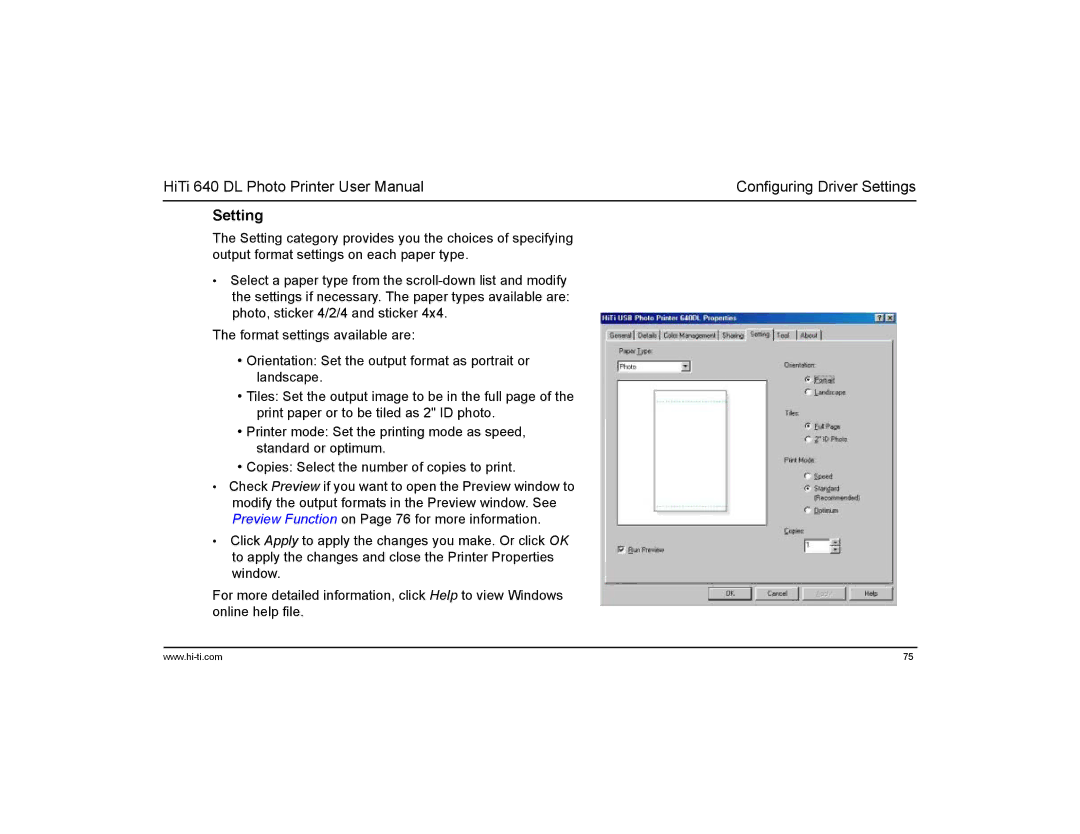 Hi-Touch Imaging Technologies 640DL manual Setting 