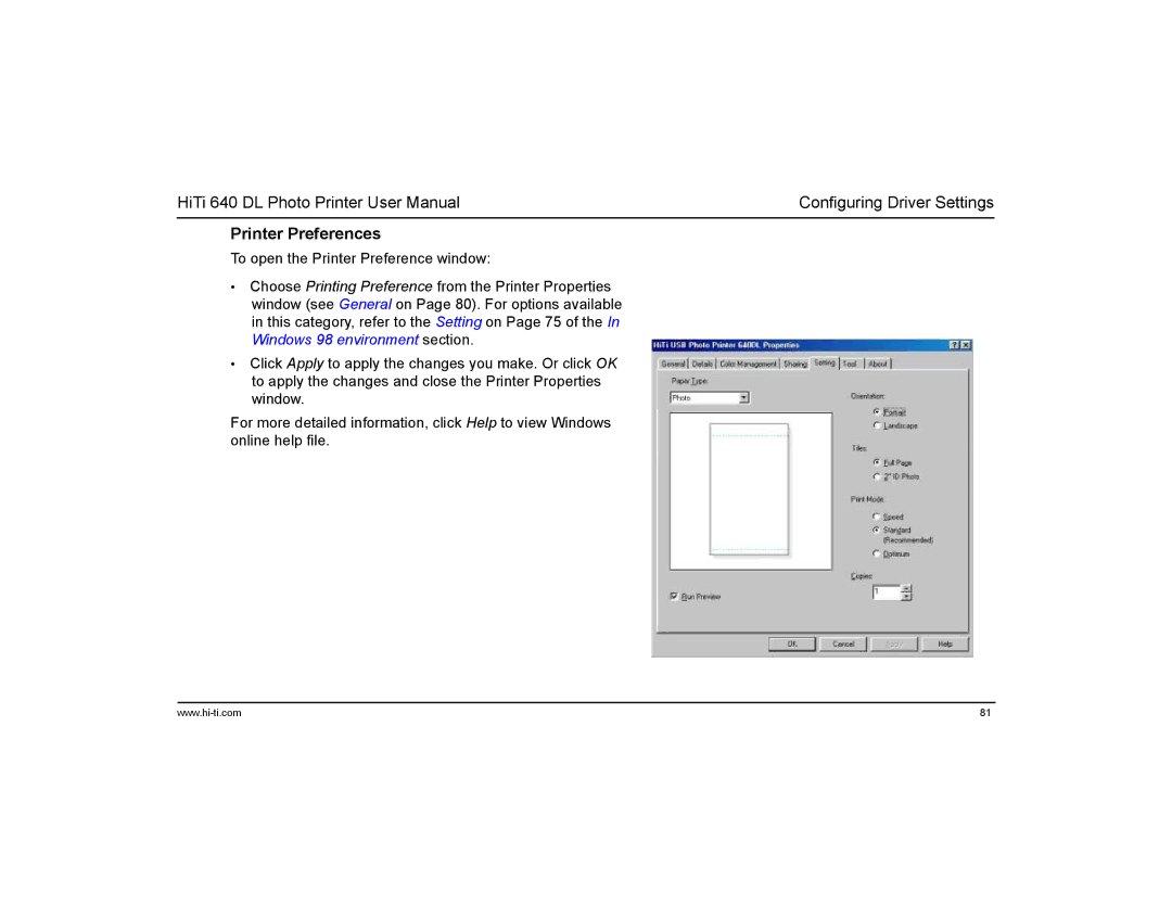 Hi-Touch Imaging Technologies 640DL manual Printer Preferences 