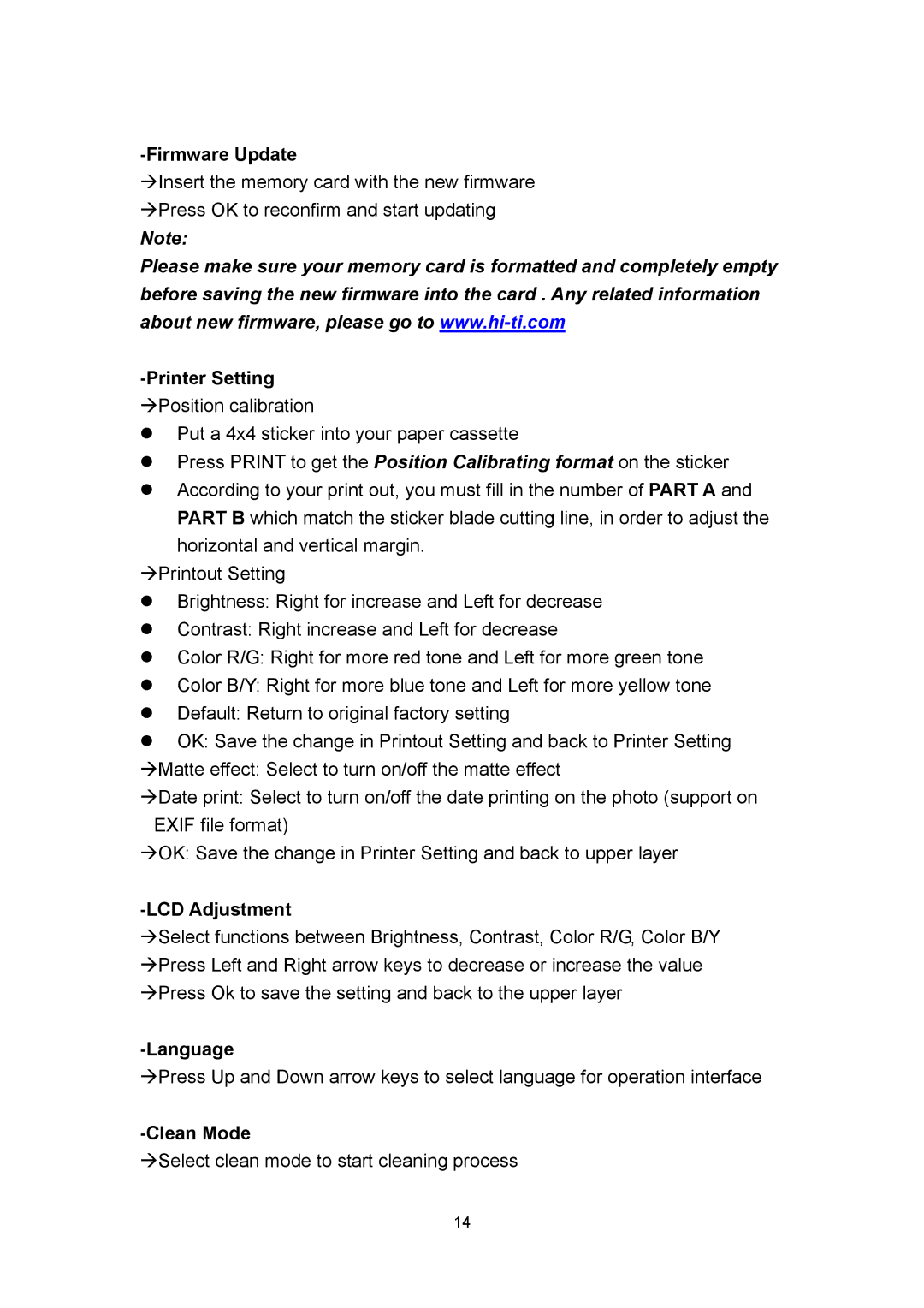 Hi-Touch Imaging Technologies 640PS user manual Firmware Update, Printer Setting, LCD Adjustment, Language, Clean Mode 