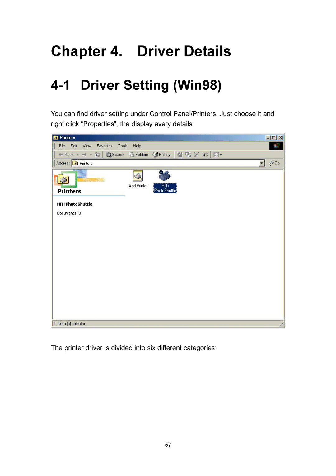 Hi-Touch Imaging Technologies 640PS user manual Driver Details, Driver Setting Win98 