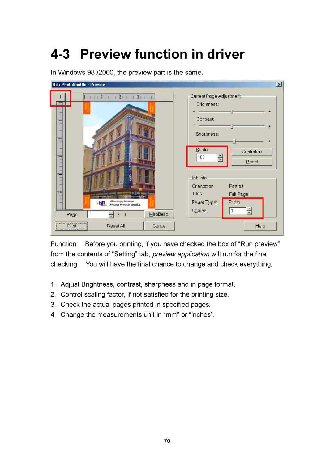 Hi-Touch Imaging Technologies 640PS user manual Preview function in driver 