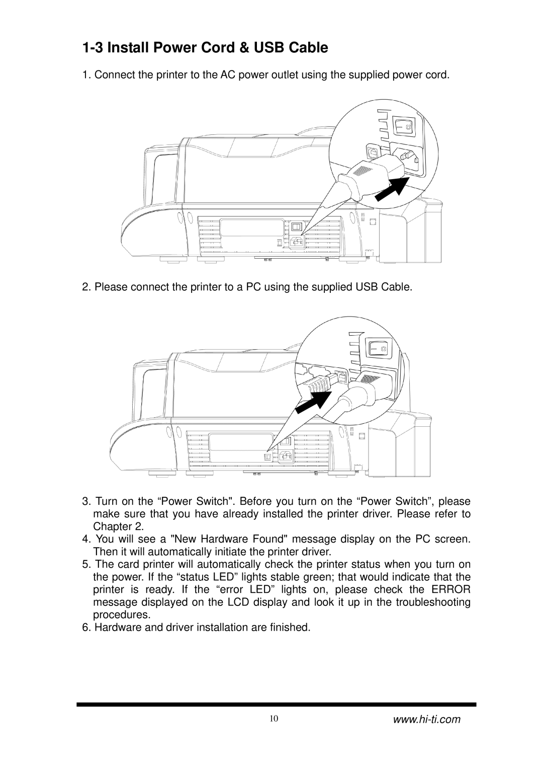 Hi-Touch Imaging Technologies CS-300 user manual Install Power Cord & USB Cable 