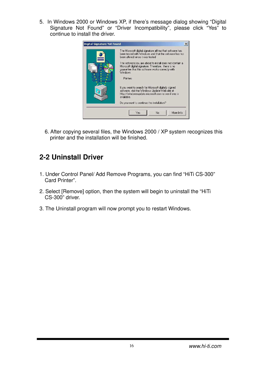 Hi-Touch Imaging Technologies CS-300 user manual Uninstall Driver 