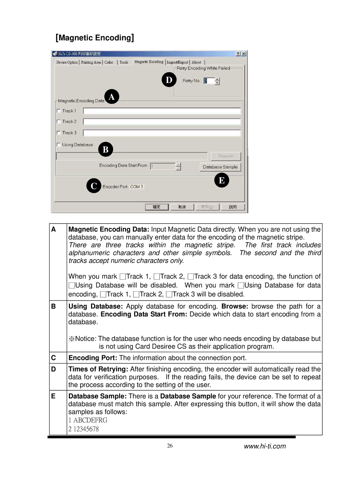 Hi-Touch Imaging Technologies CS-300 user manual Magnetic Encoding, Abcdefrg 