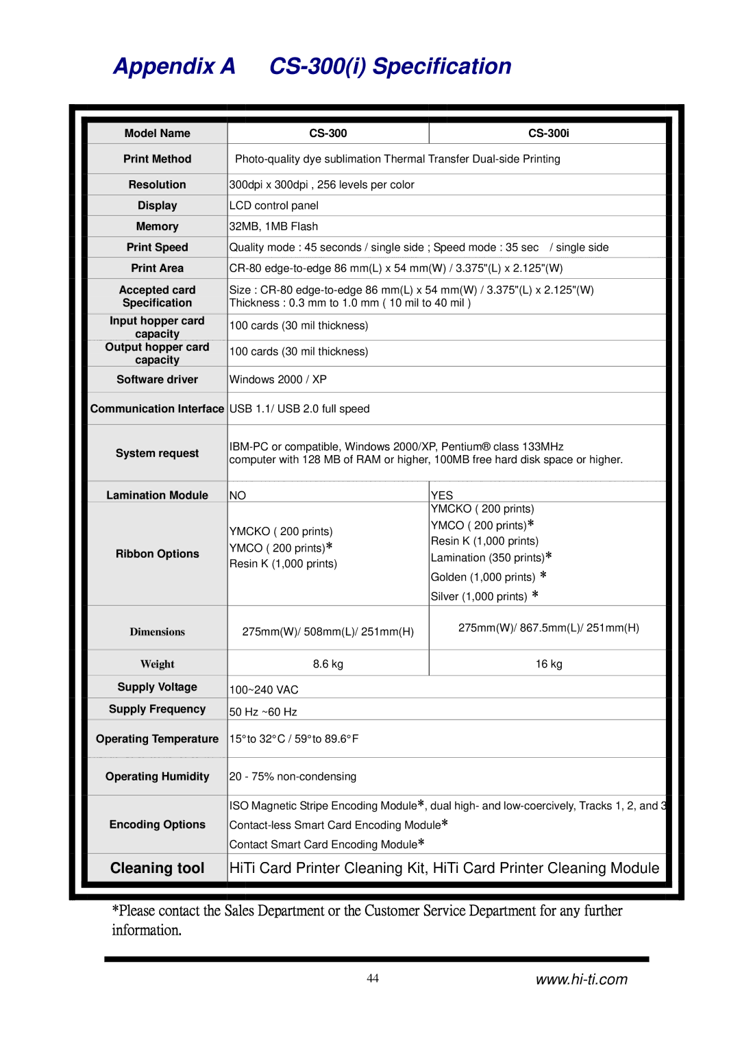 Hi-Touch Imaging Technologies user manual Appendix a CS-300i Specification 