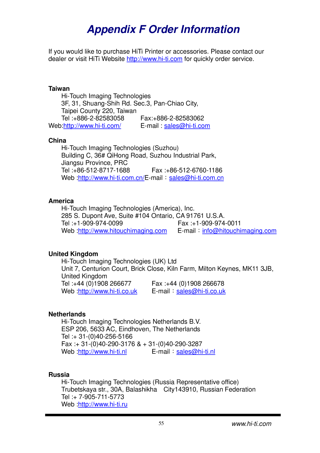 Hi-Touch Imaging Technologies CS-300 user manual Appendix F Order Information 