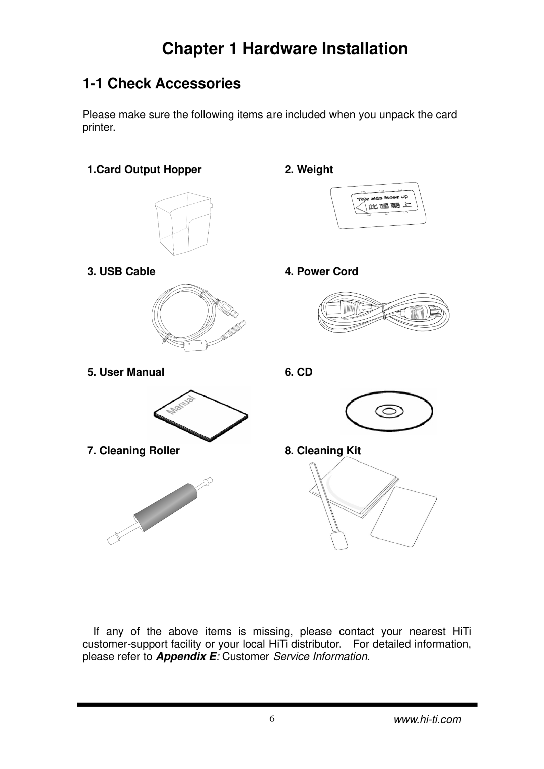 Hi-Touch Imaging Technologies CS-300 user manual Hardware Installation, Check Accessories 