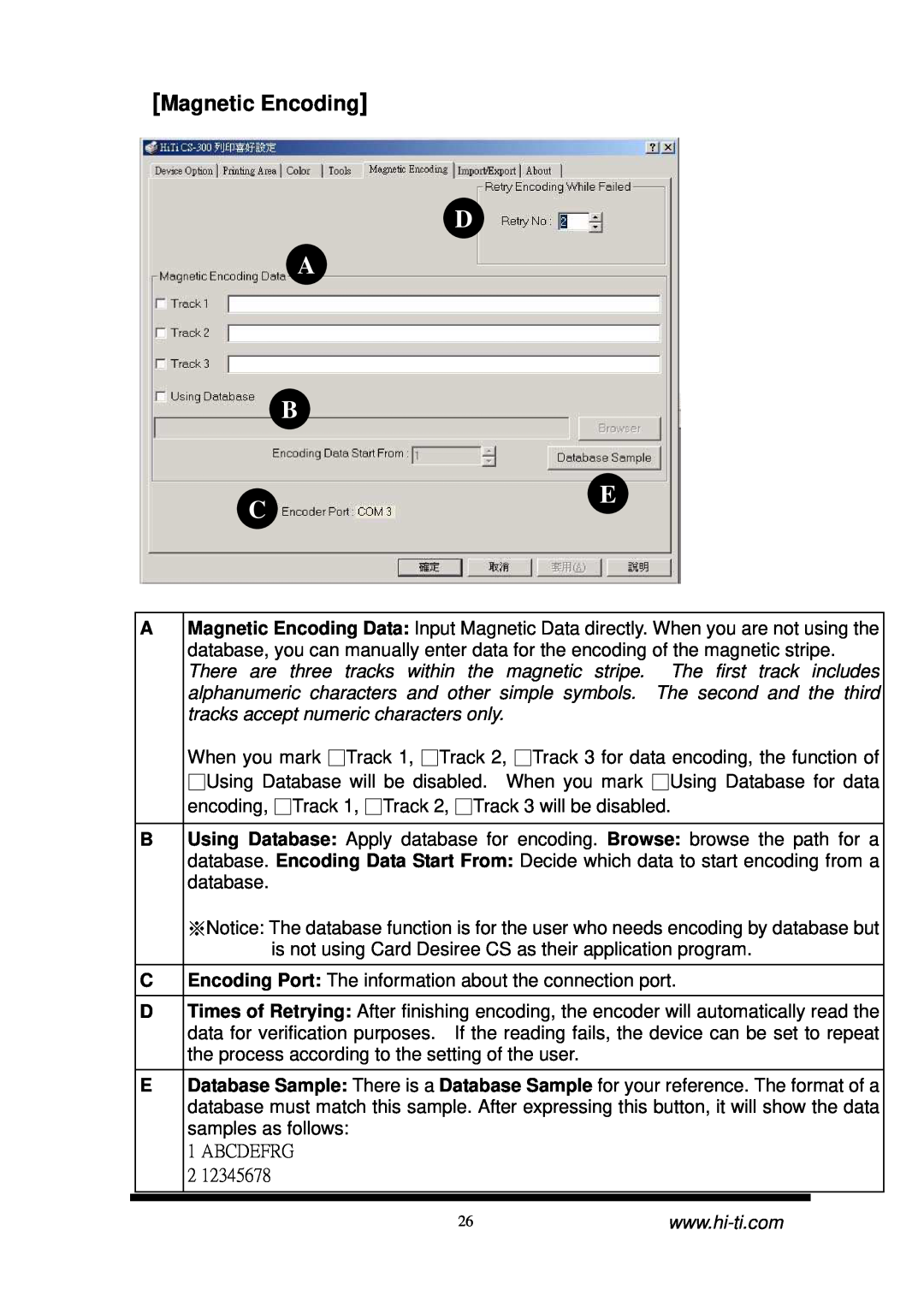 Hi-Touch Imaging Technologies CS-300 user manual D A B, Magnetic Encoding 