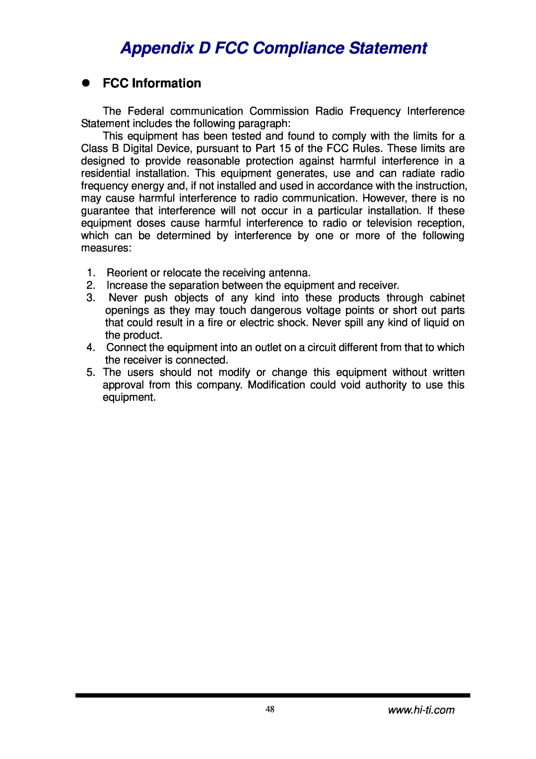 Hi-Touch Imaging Technologies CS-300 user manual Appendix D FCC Compliance Statement, FCC Information 
