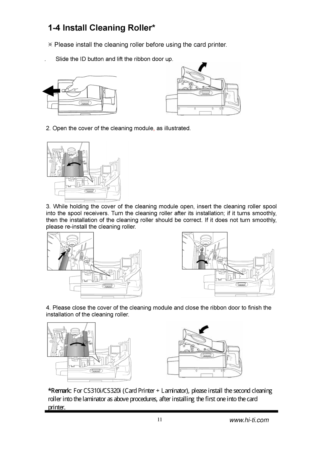 Hi-Touch Imaging Technologies CS-310, CS-320 manual Install Cleaning Roller 