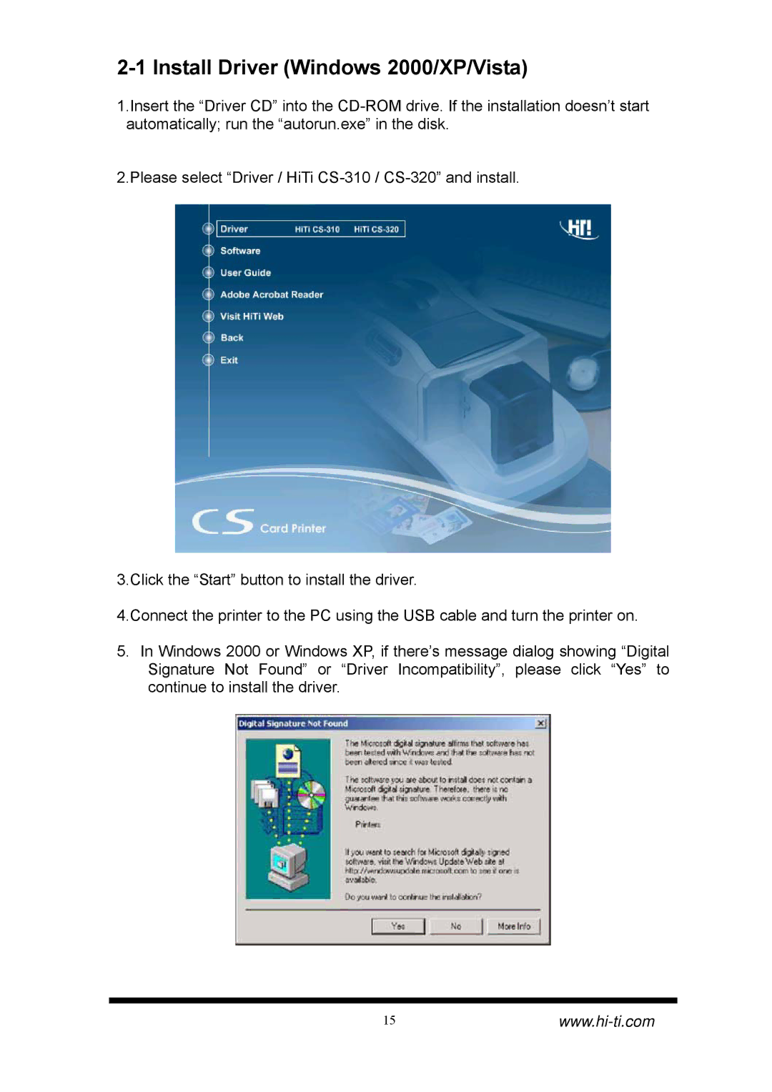 Hi-Touch Imaging Technologies CS-310, CS-320 manual Install Driver Windows 2000/XP/Vista 