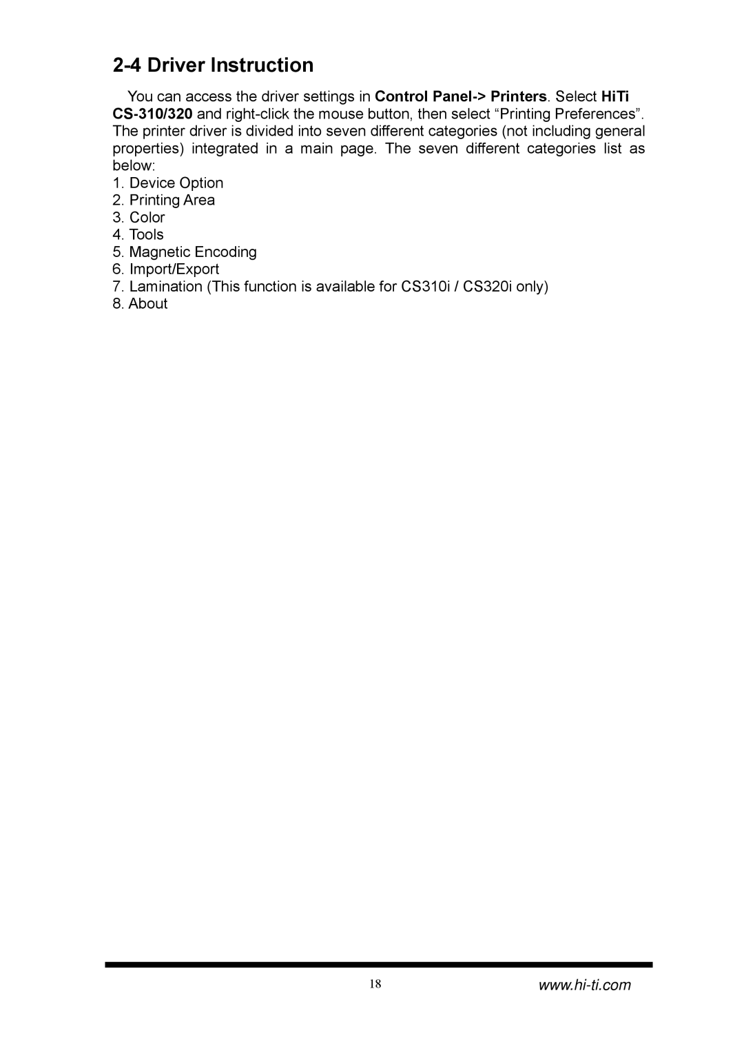 Hi-Touch Imaging Technologies CS-320, CS-310 manual Driver Instruction 