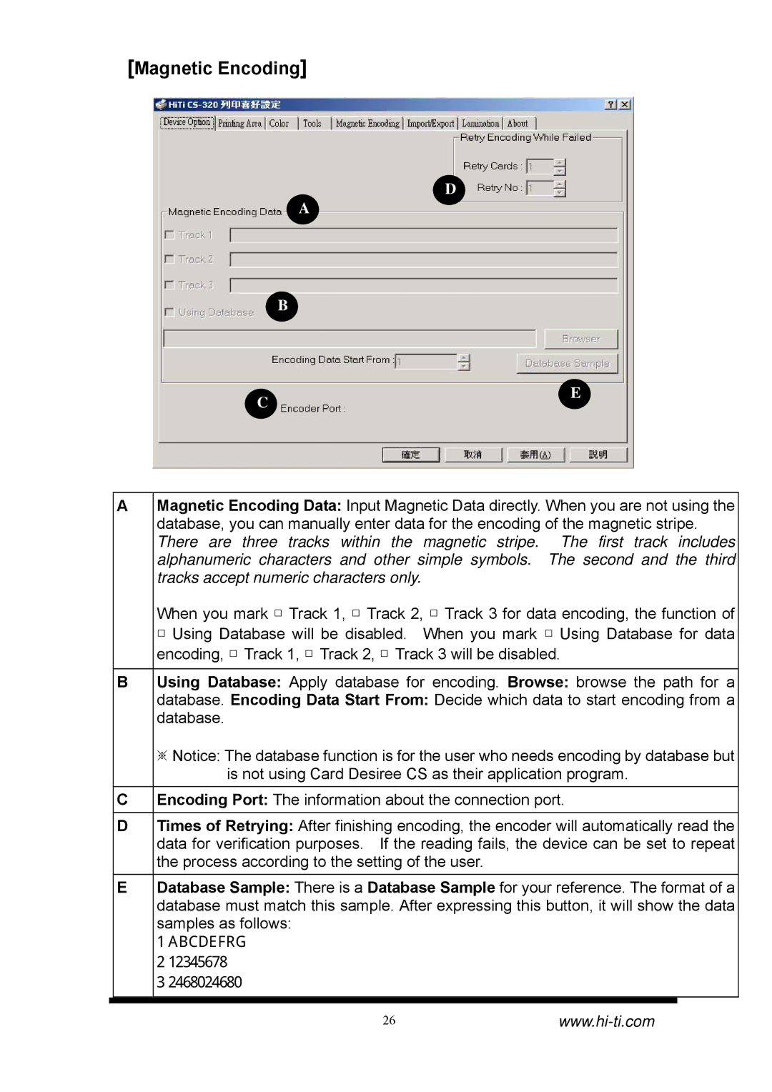 Hi-Touch Imaging Technologies CS-320, CS-310 manual Magnetic Encoding, Abcdefrg 